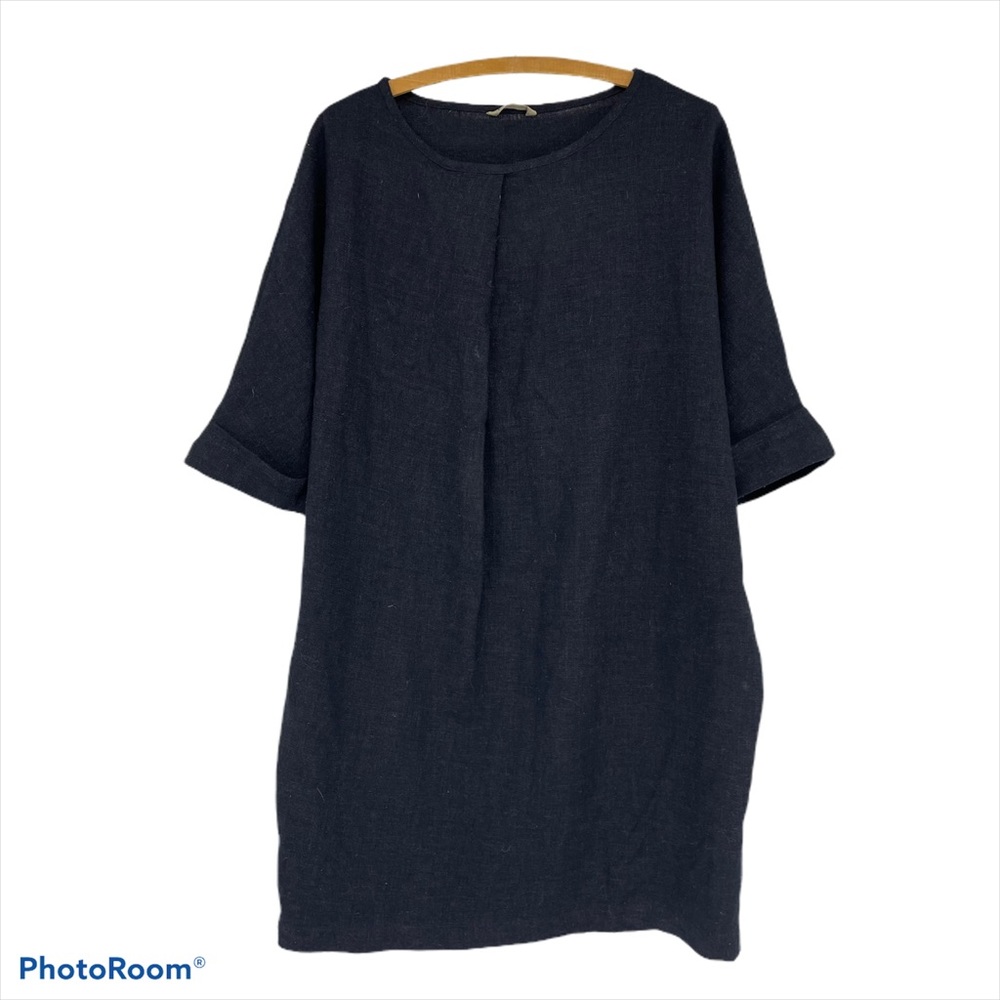 Fog Linen Works Lithuanian wool and linen shirt dress navy Med Large